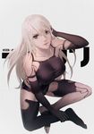  bad_id bad_pixiv_id barefoot black_gloves black_legwear blue_eyes breasts elbow_gloves gloves highres huge_breasts jn3 long_hair looking_at_viewer nier_(series) nier_automata sitting solo thighhighs white_hair yorha_type_a_no._2 