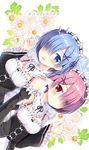  black_dress blue_eyes blue_hair blush breasts commentary_request detached_sleeves dress frills hair_ornament hair_over_one_eye hair_ribbon highres looking_at_viewer maid maid_headdress medium_breasts multiple_girls pink_hair ram_(re:zero) re:zero_kara_hajimeru_isekai_seikatsu red_eyes rem_(re:zero) ribbon short_hair siblings sisters smile sousouman twins x_hair_ornament 