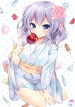  blue_eyes breasts candy_apple food highres japanese_clothes kantai_collection kashima_(kantai_collection) kimono large_breasts long_hair momoirone silver_hair solo twintails wavy_hair 