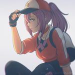  artist_name bag baseball_cap brown_eyes female_protagonist_(pokemon_go) fingerless_gloves gloves grey_background hat ilya_kuvshinov_(style) koyorin long_hair pokemon pokemon_(game) pokemon_go ponytail purple_hair simple_background sitting solo watermark web_address 