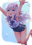  :d armpits arms_up bare_legs barefoot blue_eyes blush bubble commentary_request crop_top flower hair_flower hair_ornament kantai_collection long_hair one-piece_tan open_mouth ro-500_(kantai_collection) sailor_collar school_swimsuit smile solo swimsuit swimsuit_under_clothes tan tanline tetsujin_momoko underwater white_hair 