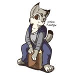  anthro backpack black_eartips black_fur box cajon claws clothing feline fur fuzzt0ne grey_fur lynx male mammal pants shirt simple_background sitting solo white_fur 