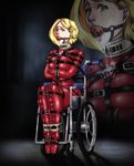  ball_gag bdsm belts blonde_hair bondage crying female gag green_eyes latex looking_at_viewer straitjacket wheelchair 