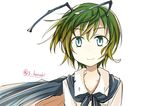  antennae blue_eyes cape commentary_request green_hair looking_at_viewer shirt short_hair smile solo suichuu_hanabi touhou twitter_username white_background white_shirt wriggle_nightbug 