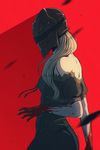  annalise_queen_of_the_vilebloods artist_name bare_shoulders black_dress blonde_hair blood bloodborne breasts dress helmet koyorin long_hair off-shoulder_dress off_shoulder red_background simple_background small_breasts solo watermark web_address 