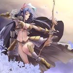  armor armored_dress armpits arrow bikini_armor blue_hair bow_(weapon) breasts cape cleavage commentary_request crescent facial_mark feathers flower forehead_mark forehead_tattoo gloves greaves groin hair_feathers high_collar highres large_breasts leaf looking_away low_twintails navel original parted_lips pink_eyes quiver revealing_clothes ryuki@maguro-ex smile solo twintails weapon white_gloves 