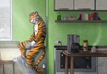  2016 black_fur cum detailed_background erection feline fur hufnaar inside kitchen male mammal masturbation mostly_nude orange_fur penis solo standing stripes tiger white_fur 