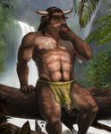  2015 5_fingers abs anthro biceps black_hair body_hair bovine bowl braided_hair broken_horn brown_fur cattle clothed clothing detailed_background digital_media_(artwork) eating food fruit fruit_bowl fur hair happy_trail horn humanoid_penis jungle kintar log loincloth male mammal muscular muscular_male nipples outside pecs penis photo_background poking_out precum rov signature sitting solo tail_tuft teeth topless tuft uncut water waterfall wood 