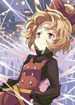  blonde_hair bow brown_bow brown_dress buttons commentary_request dress floating_hair hair_bow kurodani_yamame long_sleeves looking_away red_eyes short_hair silk smile solo spider_web suichuu_hanabi touhou upper_body 