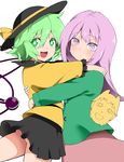  bad_id bad_pixiv_id fuantei green_eyes green_hair hat hata_no_kokoro highres hug komeiji_koishi long_hair miniskirt multiple_girls new_mask_of_hope open_mouth pink_eyes pink_hair skirt third_eye touhou 