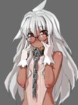  ahoge bespectacled brown_eyes chain collar dark_skin flower_knight_girl glasses gloves grey_background grey_hair hair_intakes long_hair looking_at_viewer sasayuki shiny shiny_skin sinclairiana_(flower_knight_girl) solo upper_body white_gloves 