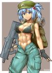  abs alternate_costume arm_at_side assault_rifle backpack bag bare_shoulders bikini_top black_gloves blue_hair blue_pants breasts bullpup cleavage commentary covered_nipples ebr-kii fingerless_gloves gloves gun hair_bobbles hair_ornament holding holding_weapon kawashiro_nitori key looking_at_viewer magpul_pdr medium_breasts midriff military navel open_mouth pants rifle short_hair solo submachine_gun toned touhou twintails two_side_up unbuttoned underboob weapon 