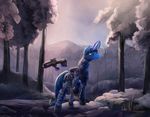  blue_eyes blue_fur clothed clothing detailed_background equine eyewear fan_character feral flint fur gun hooves horn mammal my_little_pony ranged_weapon solo standing unicorn viwrastupr weapon 