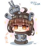  1girl @_@ alternate_costume asimo953 bangs blush brown_eyes brown_hair cannon chibi chou-10cm-hou-chan commentary_request eyebrows_visible_through_hair hair_between_eyes hair_flaps hairband hatsuzuki_(kantai_collection) headband highres kantai_collection looking_at_viewer open_mouth short_hair simple_background solo translation_request turret 
