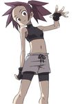  absurdres bike_shorts bike_shorts_under_shorts drawstring eyebrows fingerless_gloves forehead gloves highres looking_at_viewer looking_down midriff navel outstretched_hand ponytail shorts solo spiked_hair sports_bra white_background yamamoto_souichirou 