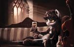  alcohol beverage bionics black_hair blackjack_(fallout_equestria) equine eyelashes fallout_equestria fan_character fur grey_fur hair hooves horn horse inside mammal melee_weapon my_little_pony nemo2d pony prosthetic red_eyes red_hair rum sitting solo sword unicorn weapon 