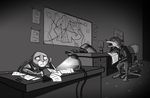  2016 anthro canine chair clothed clothing desk_light disney dravening duo female fox judy_hopps lagomorph male mammal map monochrome nick_wilde paper pen rabbit sleeping zootopia 