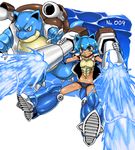  bikini_bottom blastoise blue_eyes blue_hair breastplate cannon gen_1_pokemon kitsune-tsuki_(getter) midriff personification pokemon pokemon_(creature) short_hair tortoise turtle 