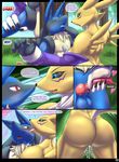  2016 animal_genitalia animal_penis anthro arm_warmers balls blush canine_penis digimon duo english_text female fur hi_res knot licking lucario male male/female mykiio nintendo nude penis pok&eacute;mon renamon sweat text tongue tongue_out video_games yellow_fur 