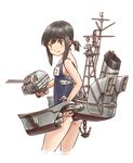  alternate_costume anchor ass black_eyes black_hair fubuki_(kantai_collection) heart-shaped_lock heart_lock_(kantai_collection) highres kantai_collection karasu_(naoshow357) low_ponytail machinery ponytail school_swimsuit short_hair short_ponytail solo swimsuit 