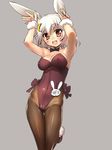  :d animal_ears armpit_crease armpits arms_up bare_shoulders black_bow black_neckwear bow bowtie breasts brown_eyes brown_legwear bunny_ears bunny_girl bunnysuit covered_navel cowboy_shot crescent crescent_hair_ornament detached_collar flower_knight_girl fur-trimmed_footwear grey_background hair_ornament highleg highleg_leotard hip_bones hips leotard looking_at_viewer medium_breasts open_mouth pantyhose purple_footwear purple_leotard sasayuki short_hair side-tie_leotard smile solo source_request strapless strapless_leotard symbol-shaped_pupils usagi_no_ou_(flower_knight_girl) white_hair wing_collar wrist_cuffs 
