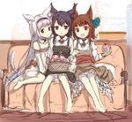  3girls :d animal_ears apple bare_legs bare_shoulders basket black_dress black_hair blush bow bowtie brown_dress brown_eyes brown_hair cat_ears cat_tail chestnut_mouth couch detached_collar dress food foot_dangle fox_ears fox_tail frills fruit girl_sandwich hair_ornament hairband hairclip heart heart-shaped_pupils highres holding holding_food holding_fruit indoors lolita_hairband long_hair long_sleeves looking_at_viewer multiple_girls off-shoulder_dress off_shoulder on_couch open_mouth original petticoat sakura_ani sandwiched sash shirt short_hair side-by-side sitting sketch sleeveless sleeveless_dress smile symbol-shaped_pupils tail teeth white_hair white_shirt 