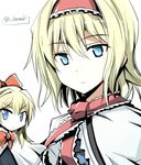  alice_margatroid blonde_hair blue_eyes bow capelet commentary_request frills hair_bow hairband lolita_hairband looking_at_viewer neck_ribbon red_bow red_ribbon ribbon shanghai_doll short_hair solo suichuu_hanabi touhou twitter_username upper_body white_background white_capelet 