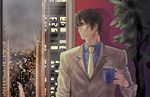  black_hair city_lights cup formal indoors kekkai_sensen kinchi looking_to_the_side male_focus mug necktie plant red_eyes scar shadow solo steven_a._starphase suit yellow_neckwear 