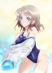  bare_shoulders blue_eyes competition_swimsuit grey_hair highres lolita_majin looking_at_viewer love_live! love_live!_sunshine!! one-piece_swimsuit parted_lips short_hair solo standing swimsuit undressing watanabe_you 