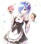  2girls bad_id bad_pixiv_id blue_eyes blue_hair blush_stickers breasts brown_hair chibi cleavage eyebrows eyebrows_visible_through_hair eyes_visible_through_hair hair_ornament hair_over_one_eye hair_ribbon looking_at_viewer maid maid_headdress medium_breasts multiple_girls natsuki_subaru pantyhose pilokey pink_hair purple_ribbon ram_(re:zero) re:zero_kara_hajimeru_isekai_seikatsu rem_(re:zero) ribbon short_hair siblings sisters smile twins x_hair_ornament 