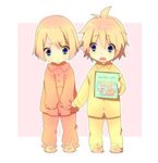  1girl :t aku_no_meshitsukai_(vocaloid) bird blonde_hair blue_eyes book brother_and_sister buttons chick child clenched_hands clothes_grab fang holding holding_book holding_clothes kagamine_len kagamine_rin messy_hair open_mouth ousaka_nozomi pajamas pajamas_pull pout short_hair siblings simple_background slippers twins v-shaped_eyebrows vocaloid 