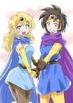  black_hair blonde_hair cape dragon_quest dragon_quest_iii earrings elbow_gloves gloves grin holding_hands jester_(dq3) jewelry looking_at_viewer multiple_girls roto smile tiara unya 