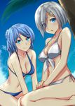  bare_shoulders bikini blue_bikini blue_eyes blue_hair blue_sky breasts day eyebrows eyebrows_visible_through_hair eyes_visible_through_hair hair_over_one_eye hamakaze_(kantai_collection) highres kantai_collection looking_at_viewer medium_breasts multiple_girls pallad seiza short_hair side-tie_bikini silver_hair sitting sky smile swimsuit urakaze_(kantai_collection) wariza white_bikini 