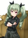  anchovy anzio_military_uniform bangs black_shirt blush carro_veloce_cv-33 clothes_around_waist crossed_arms dress_shirt drill_hair girls_und_panzer green_hair grey_jacket grey_pants ground_vehicle highres jacket jacket_around_waist long_hair long_sleeves looking_at_viewer military military_uniform military_vehicle motor_vehicle open_collar pants parted_lips red_eyes shirasawa_kazane shirt sleeves_rolled_up solo standing tank twin_drills twintails uniform upper_body 