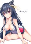  alternate_costume arm_support bare_legs black_hair breasts covered_navel fusou_(kantai_collection) hair_between_eyes hair_ornament henet_hene kantai_collection large_breasts leaning_forward long_hair looking_at_viewer one-piece_swimsuit outstretched_leg red_eyes simple_background sitting smile solo swimsuit thighs twitter_username white_background 