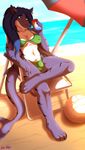  beach beverage bikini black-husky bulge claws clothing dickgirl ear_piercing facial_piercing fish green_eyes hair intersex marine nipples nose_piercing piercing purple_hair purple_skin seaside shark sitting soda solo sport stripes swimsuit toe_claws volleyball 