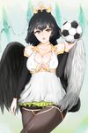  appleslush arm_warmers ball black_hair black_legwear black_wings breasts cleavage collarbone grey_eyes hair_ornament highres holding holding_ball large_breasts looking_at_viewer md5_mismatch metatron_(soccer_spirits) pantyhose pursed_lips soccer_ball soccer_spirits solo white_wings wings 