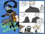  2016 3boys 3koma beard blonde_hair blue_eyes bodysuit broken_cup comic commentary_request cowboy_hat dated facial_hair genji_(overwatch) hand_up hat high_ponytail korean lillu mccree_(overwatch) mercy_(overwatch) multiple_boys no_eyes overwatch power_armor short_sleeves simple_background soldier:_76_(overwatch) sweat translated turtleneck visor younger 