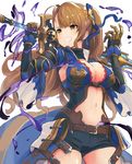  :d beatrix_(granblue_fantasy) black_shorts blue_dress blue_ribbon blush breasts brown_hair cleavage commentary_request cowboy_shot dress gauntlets granblue_fantasy hair_ribbon long_hair looking_away medium_breasts navel open_mouth over_shoulder ponytail ribbon short_shorts shorts smile solo sword tetsujin_momoko v-shaped_eyebrows weapon weapon_over_shoulder white_background yellow_eyes 