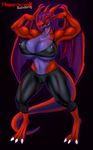  armpits big_breasts black_sclera breasts camel_toe clothed clothing dragon erect_nipples female flexing hair horn membranous_wings mkonstantinov nipples open_mouth pose purple_hair red_eyes scalie skimpy tight_clothing voluptuous wide_hips wings 