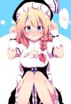  arm_garter bad_id bad_pixiv_id black_dress blonde_hair blue_eyes blush bow braid breasts commentary_request curiosities_of_lotus_asia dress hair_bow hat hat_bow kirisame_marisa knees_together_feet_apart long_hair looking_at_viewer parted_lips paw_pose puffy_short_sleeves puffy_sleeves short_sleeves side_braid single_braid sitting small_breasts solo spoken_blush sweat touhou underbust white_bow witch_hat wrist_cuffs you_(noanoamoemoe) 