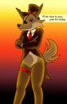  anthro black_nose bottomless brown_fur canine clothed clothing dialogue eye_patch eyewear female fox fur fuxie gradient_background hat hi_res mammal necktie nishi notched_ear pussy simple_background smile talking_to_viewer top_hat 