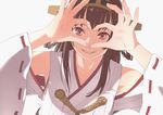 brown_eyes brown_hair headgear heart heart_hands kantai_collection kongou_(kantai_collection) looking_at_viewer nontraditional_miko ribbon-trimmed_clothes ribbon-trimmed_sleeves ribbon_trim simple_background smile solo upper_body white_background youmak 