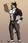  2016 5_fingers 5_toes abs anthro beard belt biceps black_fur black_hair bovine bulge cattle clothed clothing facial_hair footwear front_view full-length_portrait fur goatee hair hay hi_res horn looking_at_viewer male mammal multicolored_fur muscular muscular_male navel nipples pants pecs plantigrade portrait rov sandals signature simple_background solo standing tail_tuft tan_background toes topless tuft two_tone_fur white_fur 
