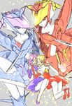  akimoto_(akimomomoto) bad_id bad_pixiv_id blonde_hair fairlion grey_background hands_together latooni_subota mecha multiple_girls purple_hair shine_hausen super_robot_wars super_robot_wars_original_generation 