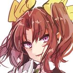  ahoge blush brown_hair close-up eyebrows_visible_through_hair face gloves green_ribbon hair_ribbon kagerou_(kantai_collection) kantai_collection looking_at_viewer open_mouth purple_eyes ribbon simple_background smile solo takeshima_(nia) teeth twintails white_background white_gloves yellow_ribbon 