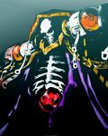  1boy ainz_ooal_gown bone collar hood kts overlord_(maruyama) red_eyes robe simple_background skeleton solo undead 