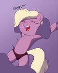  2016 armpits bed blonde_hair chest_tuft clothing earth_pony equine eyes_closed female feral friendship_is_magic fur gradient_background hair horse janine_manewitz_(mlp) lying mammal my_little_pony navel on_back open_mouth panties pillow pink_fur pony purple_background simple_background solo stretching tuft underwear waking_up wenni yawn 