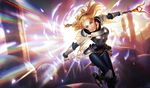 armor armored_boots baton blonde_hair blue_eyes bodysuit boobplate boots bracer breastplate faulds gloves hairband league_of_legends light_rays long_hair luxanna_crownguard official_art shoulder_armor skyline smile solo spaulders tower white_gloves 