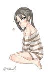  ? bangs bare_legs bare_shoulders barefoot between_legs black_eyes black_hair blush closed_mouth ebifurya eyebrows eyebrows_visible_through_hair from_side frown full_body hair_intakes hand_between_legs highres kantai_collection long_hair looking_at_viewer no_bra simple_background sitting solo striped striped_sweater sweater twintails twitter_username wariza white_background zuikaku_(kantai_collection) 